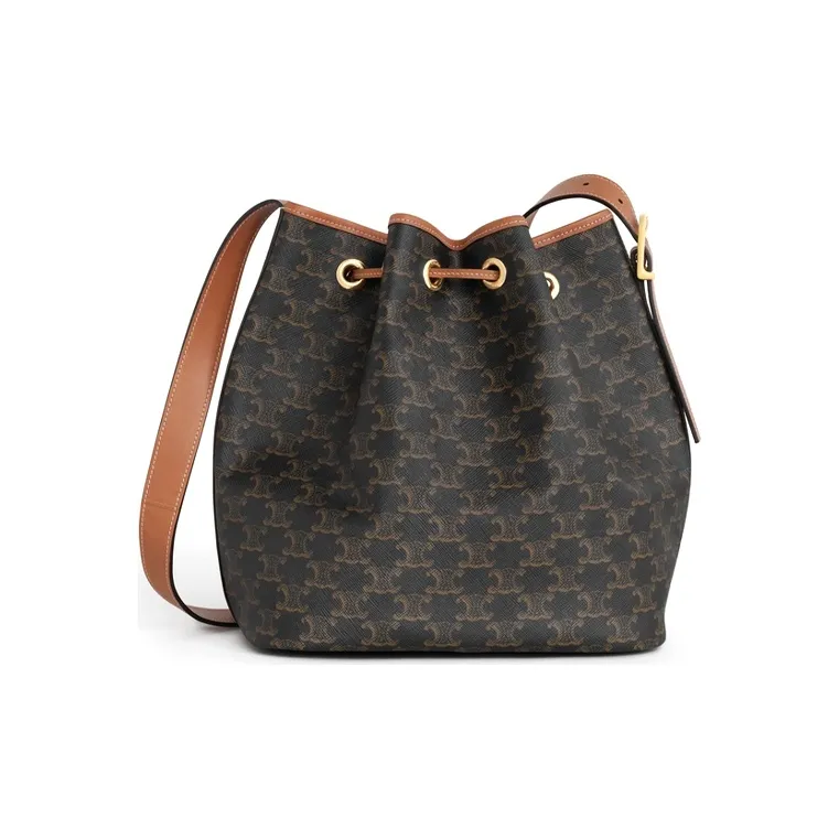 CELINE Triomphe Canvas With Calfskin Bucket Bag Handbag Shoulder Bag Crossbody Bag Large Size Women's Tawny-3