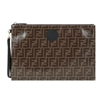 FENDI Cow Leather Clutch Large Size Unisex Brown
