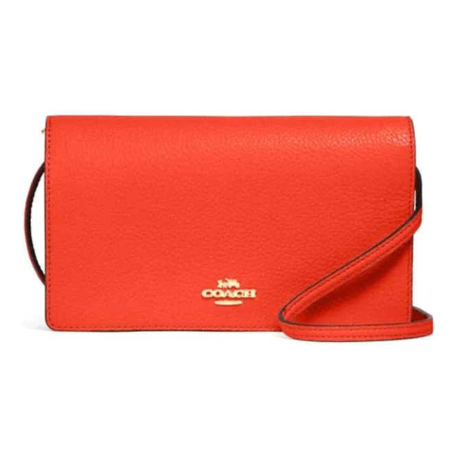 COACH Leather Small Square Bag Clutch Crossbody Bag Shoulder Bag Women's Orange Red-0