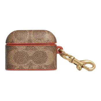 COACH Classic Monogram Canvas With Leather Earphone Case Mini Unisex Brown Red