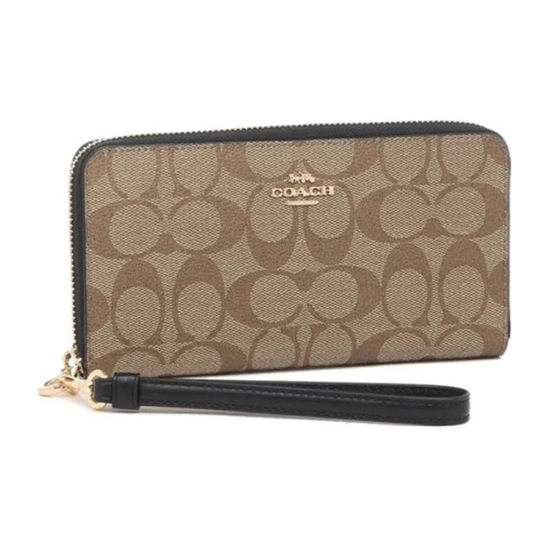 COACH Zip Around Canvas With Leather Wallets Clutches Women's Black & Khaki Monogram-1