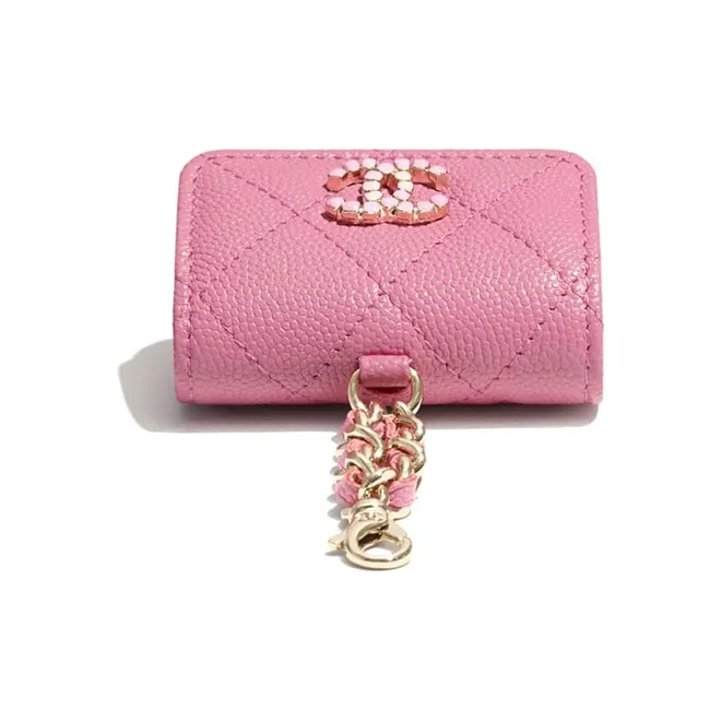 CHANEL Grain Embossed Calfskin With Bright Lacquered Finish Gold Metal Earphone Case Women's Pink-3