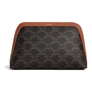 CELINE Triomphe Cow Leather Makeup Bag Medium Size Women's Tawny