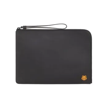 KENZO Tiger Leather Handbag Clutches Large Size Unisex Black