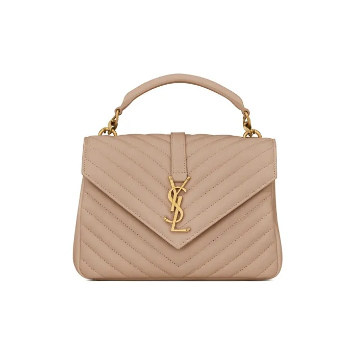 SAINT LAURENT College Quilted Leather Shoulder Bag, Crossbody Bag, Handbag Medium Size Women's Dark Beige-0