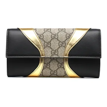 GUCCI Canvas With Leather Long Flap Wallet Women's Black