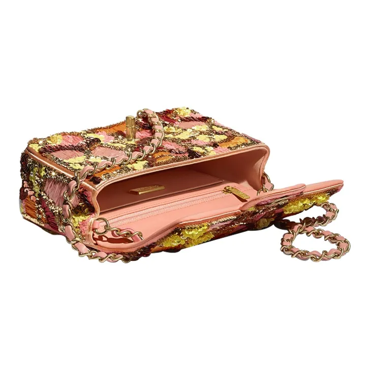 CHANEL Sequins Floral Tweed Glass Pearl Crossbody Bag, Shoulder Bag Mini Women's Pink Orange-2