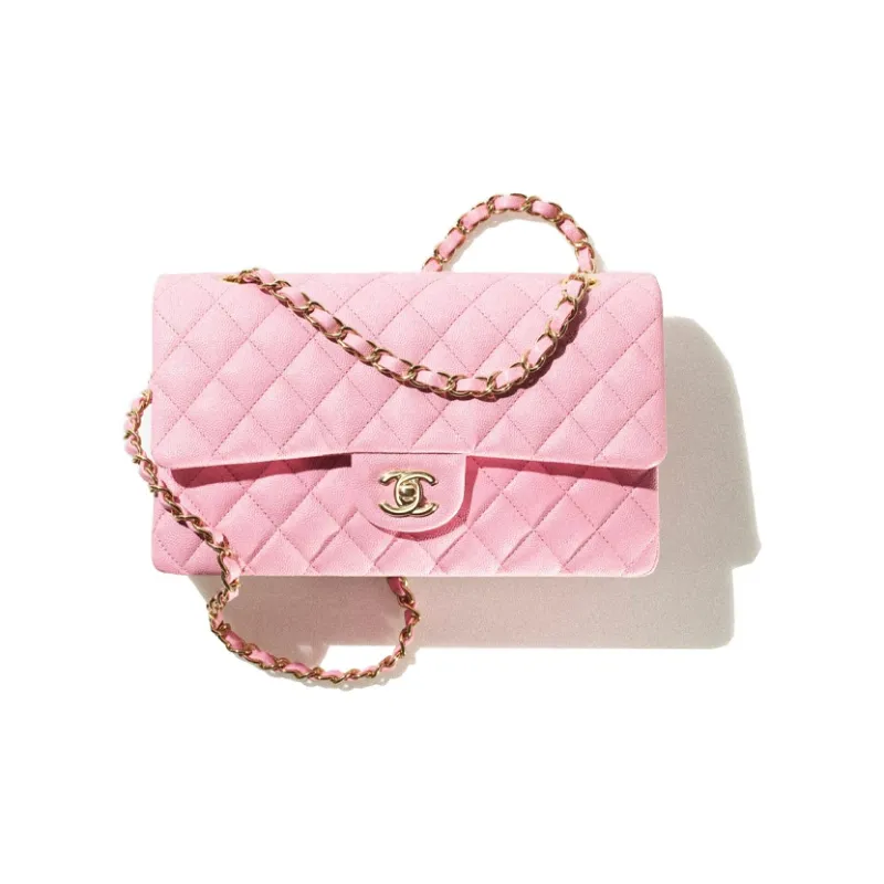 CHANEL 22SS Spring And Summer Classic Flap CF Grain Embossed Shiny Calfskin Shoulder Bag, Crossbody Bag Women's Pink-0