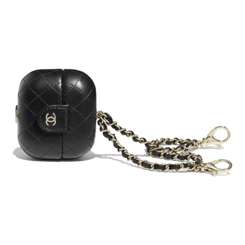 CHANEL Sheepskin And Gold Metal AirPods Pro Headphone Case Clutch Earphone Case Women's Black-1