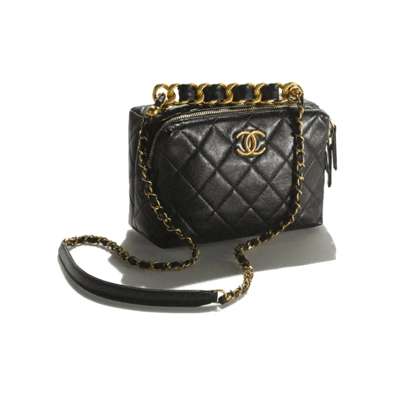 CHANEL 22SS Metal Texture Sheepskin Bowling Bag, Shoulder Bag, Crossbody Bag Mini Women's Black-1