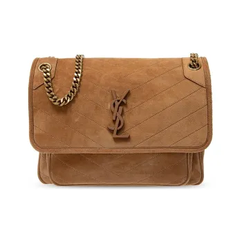 SAINT LAURENT Niki Embossed Suede Hobo Bag Chain Crossbody Bag Shoulder Bag Women's Brown