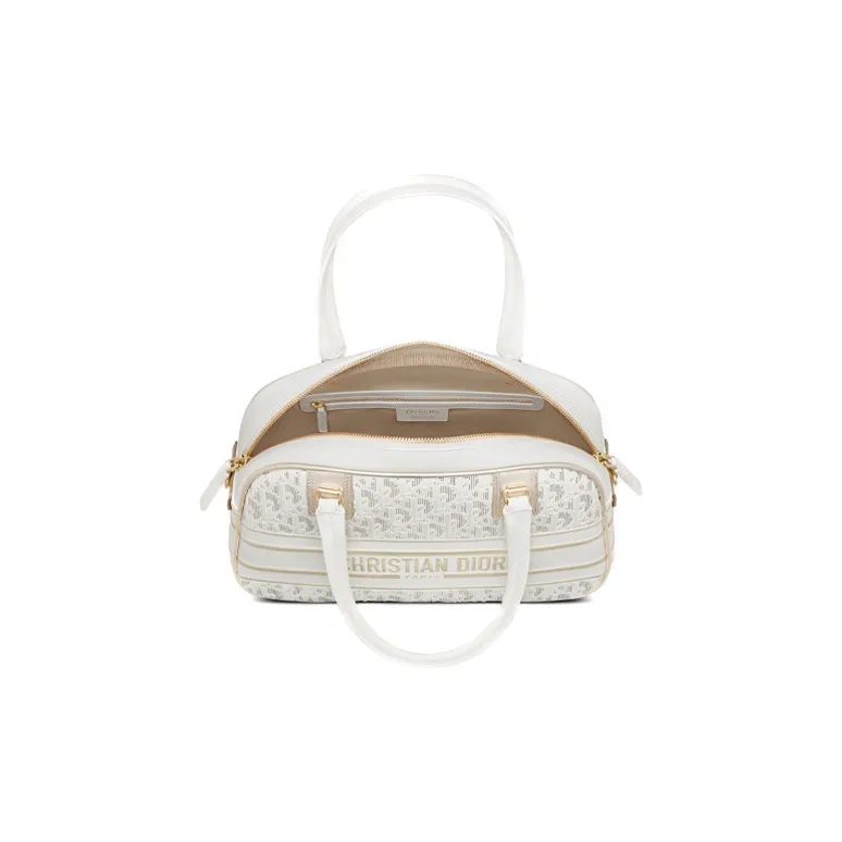 DIOR Cow Leather Bowling Bag, Gym Bag, One Shoulder Crossbody Bag, Travel Bag, Handbag Medium Size Women's White/Gold-4