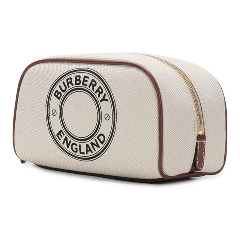 Burberry Fabric Clutch Canvas Bag Makeup Bag Toiletry Bag Small Size Women's White/Tan-1