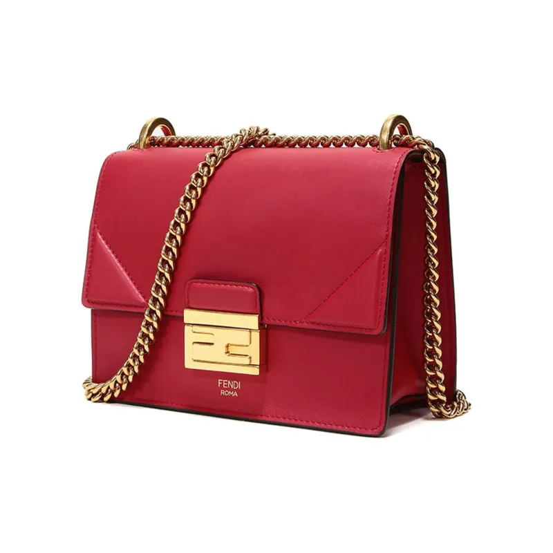 FENDI Kan U Leather Chain Shoulder Bag Crossbody Bag Small Size Women's Red-1