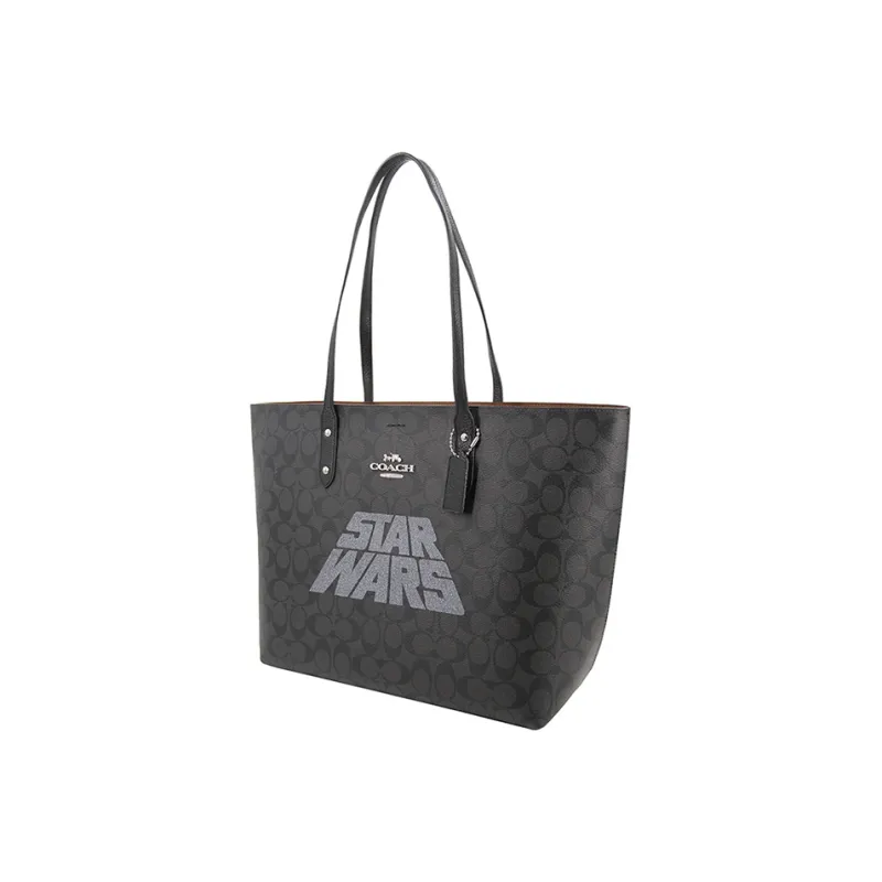 COACH Town Canvas With Leather Tote Bag Shopping Bag Handbag Shoulder Bag Women's Gray Black-2