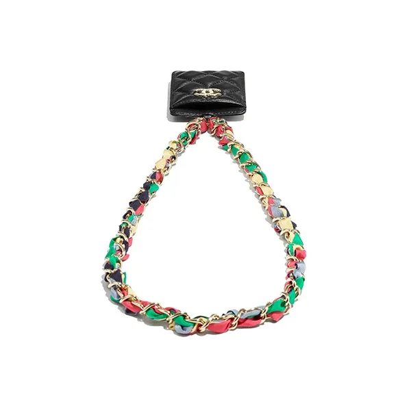CHANEL Shiny Lambskin Necklace Card Holder Women's Black-3