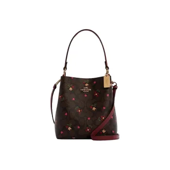 COACH Town Canvas With Leather Bucket Bag Handbag Shoulder Bag Crossbody Bag Small Size Women's Brown & Burgundy