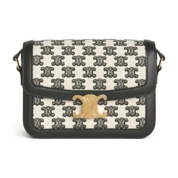 CELINE Triomphe Embroidered Fabric And Cow Leather Handbag Shoulder Bags Medium Size Women's Black & White