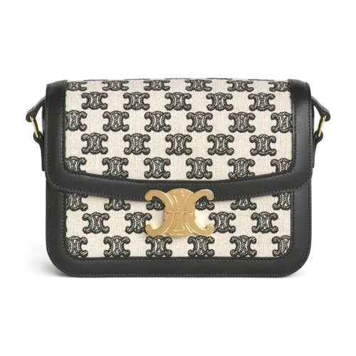 CELINE Triomphe Embroidered Fabric And Cow Leather Handbag Shoulder Bags Medium Size Women's Black & White