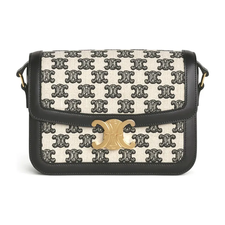 CELINE Triomphe Embroidered Fabric And Cow Leather Handbag Shoulder Bags Medium Size Women's Black & White-0
