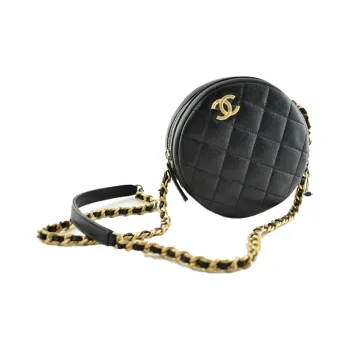 CHANEL Calfskin Round Cake Bag Shoulder Bag Crossbody Bag Small Size Unisex Black