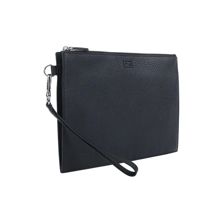 FENDI Grain Leather Wristband Clutch Men's Black-3