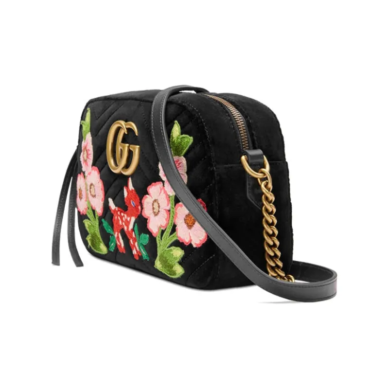GUCCI Marmont Quilted Velvet Camera Bag, Chain Bag, Crossbody Bag, Shoulder Bag Women's Black-1