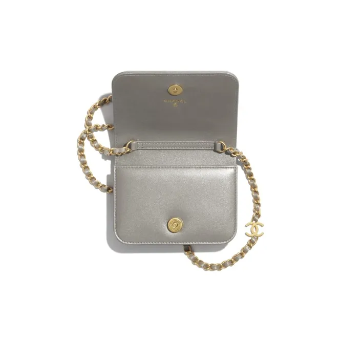 CHANEL Lambskin Flap Coin Purse Women's Silver-3