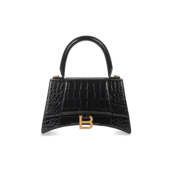 Balenciaga Hourglass Small Top Handle Bag Crocodile Embossed Black