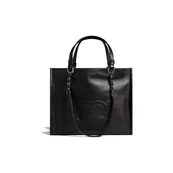 CHANEL Cow Leather Chain Shopping Bag Tote Handbag Unisex Black