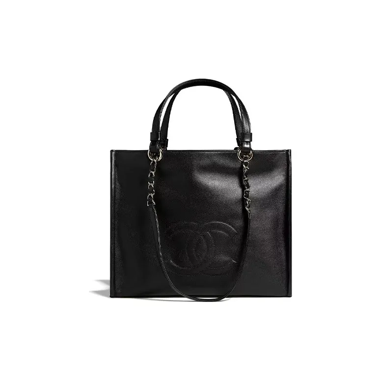 CHANEL Cow Leather Chain Shopping Bag Tote Handbag Unisex Black-0