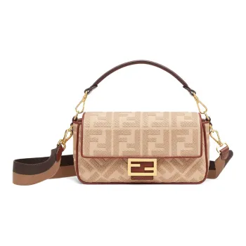FENDI Baguette Cow Leather Portable Crossbody Bag, Shoulder Bag Medium Size Women's Beige/Brown