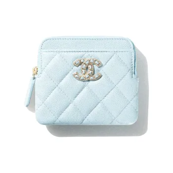 CHANEL Shiny Grain Calfskin Zippers Card Holder Clutch Wallet Women's Blue
