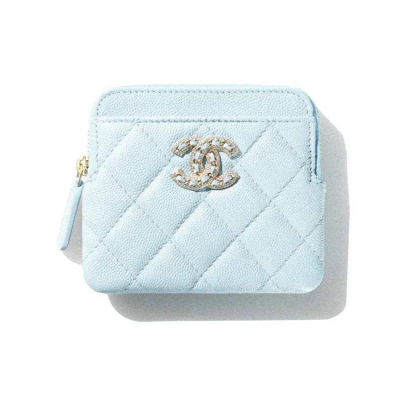 CHANEL Shiny Grain Calfskin Zippers Card Holder Clutch Wallet Women's Blue-0
