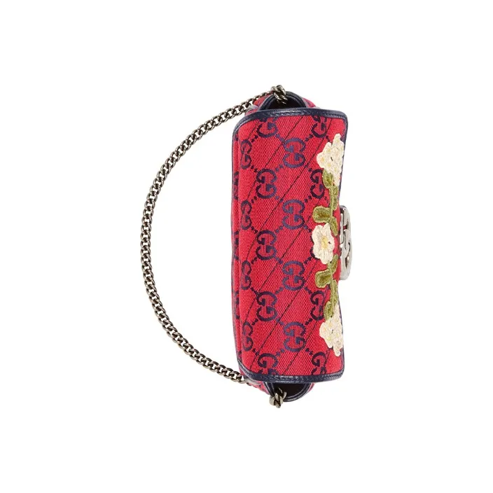 GUCCI Marmont Multicolor Leather Trim, Embroidered Canvas Chain Shoulder Bag, Crossbody Bag Mini Women's Red/Dark Blue-4