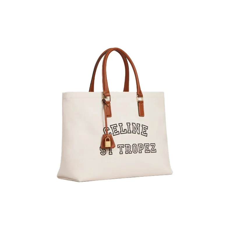 CELINE Cabas Fabric Cow Leather Patchwork Tote Bag Shopping Bag Shoulder Bags Women's Natural Color & Brown Umber-1