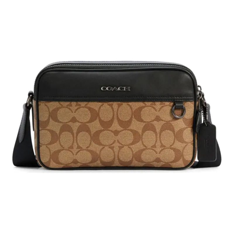COACH Graham Canvas With Leather Camera Bag, Shoulder Bag, Crossbody Bag Medium Size Men's Black & Khaki Brown Monogram-0
