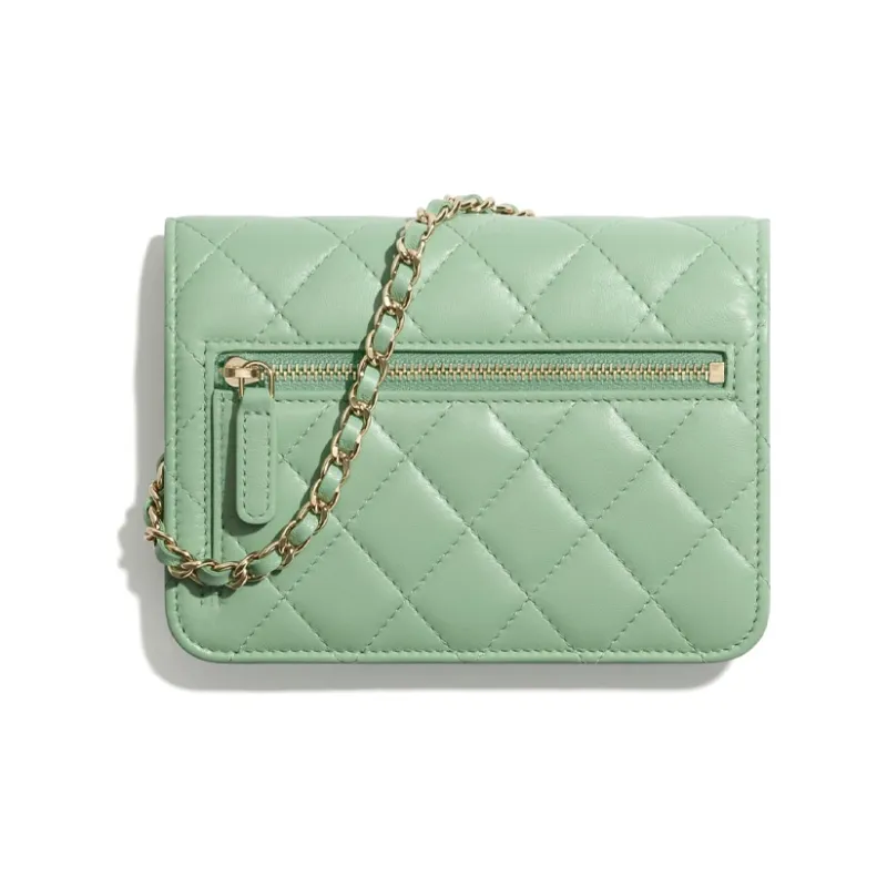 CHANEL Lambskin And Gold Metal Wallet Mini Women's Green-1