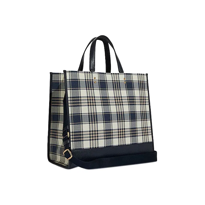 COACH Dempsey Fabric With Cow Leather Shoulder Bag, Crossbody Bag, Handbag Large Size Women's Black Beige Plaid-1