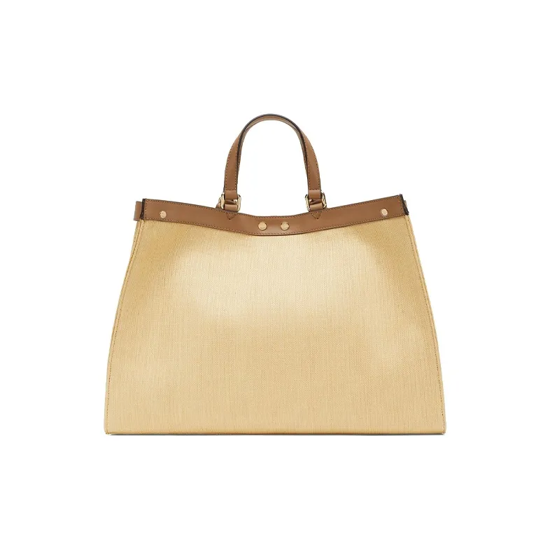 FENDI Peekaboo Canvas With Leather Tote One Shoulder Handbag Medium Size Women's Beige-2