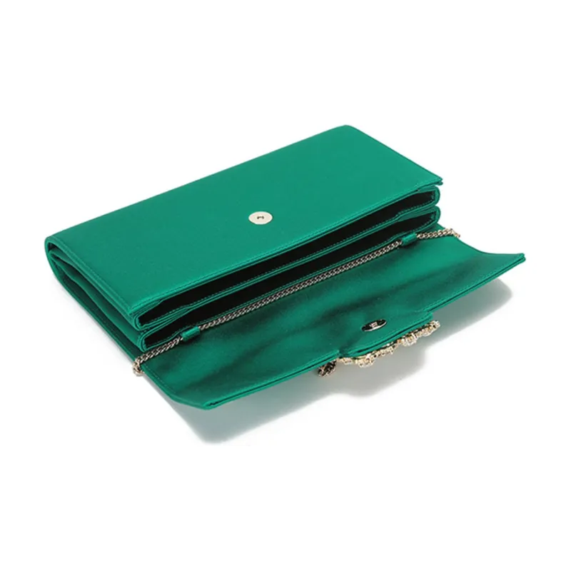 Roger Vivier Flower Strass Silk Satin Envelope Bag Shoulder Bags Women's Green Gold-5
