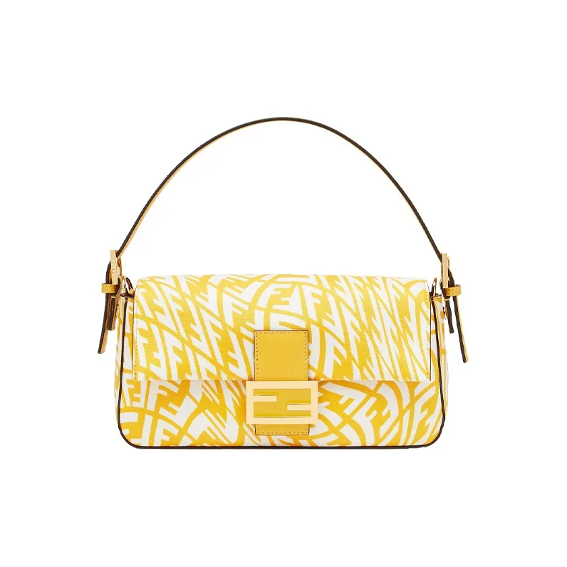 FENDI Baguette Glossy Canvas With Leather Baguette Shoulder Bag, Handbag Shoulder Bag Women's Yellow-0