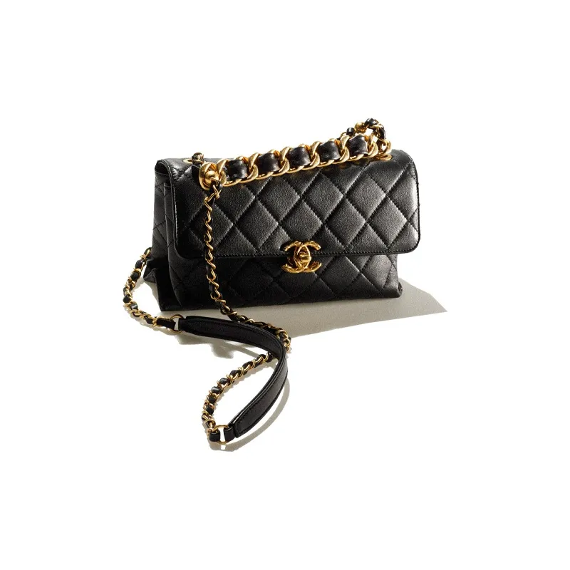 CHANEL 22SS Cow Leather Flap Bag, One Shoulder Handbag, Crossbody Bag Trumpets Women's Black-1