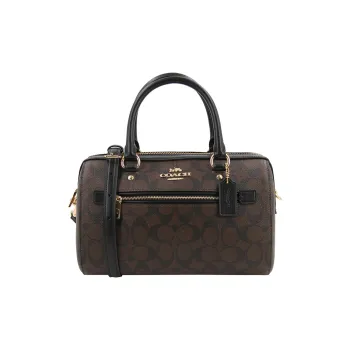 COACH Rowan Coated Canvas With Smooth Leather Boston Bag, Handbag, Shoulder Bag, Crossbody Bag Tubas Women's Dark Brown