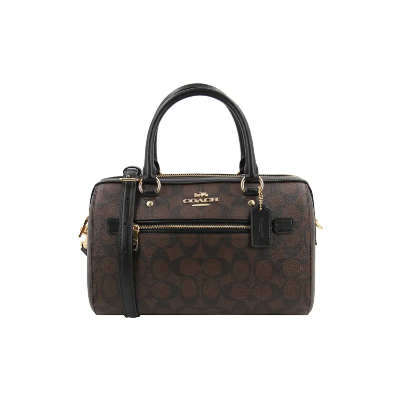 COACH Rowan Coated Canvas With Smooth Leather Boston Bag, Handbag, Shoulder Bag, Crossbody Bag Tubas Women's Dark Brown-0