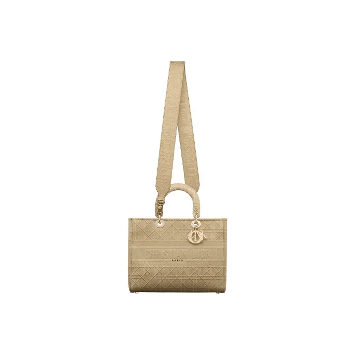 DIOR Lady D-Lite Cotton Handbag Shoulder Bag Crossbody Bag Large Size Women's Beige-3