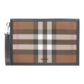 Burberry Plaid With Leather Storage Bag Clutch Men's Dark Birch Brown