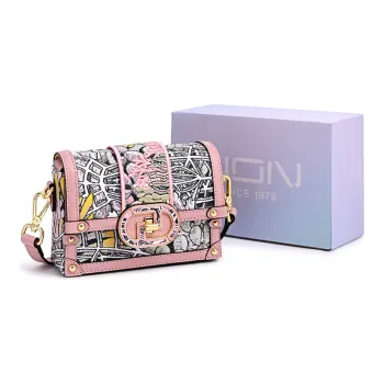 FION Cow Leather With Fabric Floral Window Box Bag, Shoulder Bag, Crossbody Bag Women's Multicolor/Pink