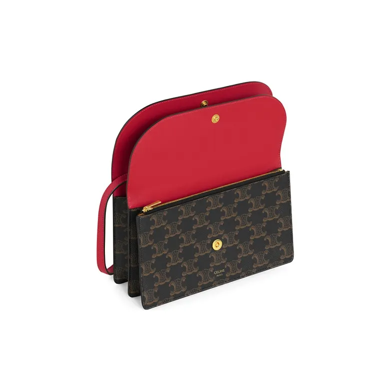 CELINE Triomphe Arc De Triomphe Canvas With Sheepskin Wallets Shoulder Bag Crossbody Bag Women's Red-3