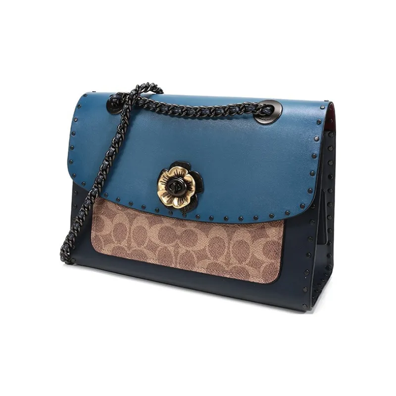 COACH Parker Cow Leather Handbag Shoulder Bag Crossbody Bag Women's Indigo & Monogram Brown-1